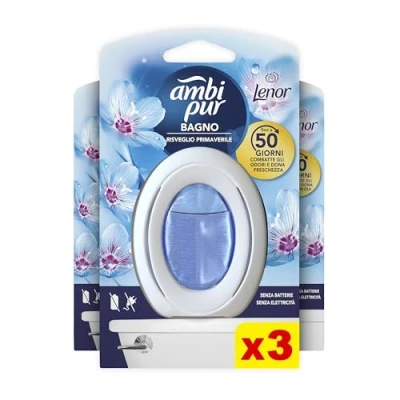 Imagen de Ambi Pur ambientador de baño para habitaciones, 3 ambientadores baño, fragancia Lenor despertar primavera, difusor ambiente con tecnología elimina olores, duración hasta 50 días por