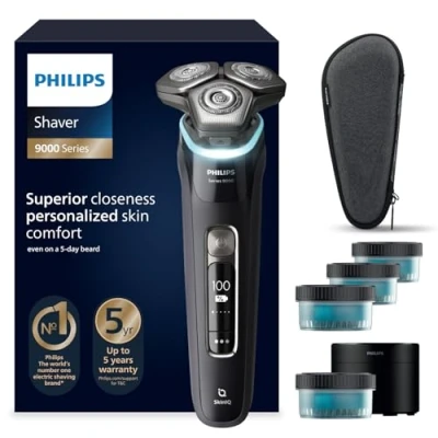 Imagen de Philips Serie 9000 Afeitadora Eléctrica Hombre, Máquina de Afeitar Barba con Recortadora, 60min uso, En Seco y Húmedo, Recargable, Centro Limpieza, Base Carga, 4 Cartuchos, S9976/63, Negro