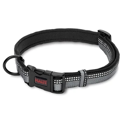Imagen de Collar Cómodo para perros HALTI Banda ajustable con Forro de neopreno y Tejido Reflectante 3M. Nailon primera calidad. Ligero e Ideal Cachorros pequeños (Talla XS, Negro)