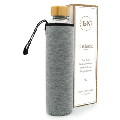 Imagen de T&amp;N Botella de cristal 750ml vidrio 0,75l con funda neopreno agua a prueba fugas borosilicato más grueso Diseño delgado