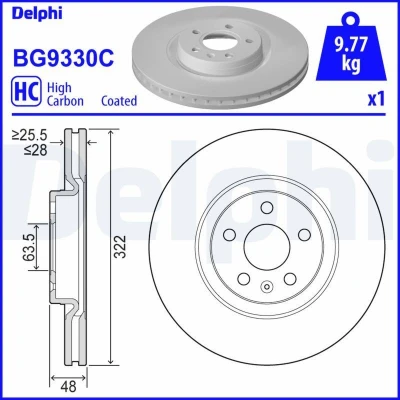Imagen de DELPHI BG9330C Disco de freno 322 28 5 ventilado revestido altamente carbonizado sin cojinete rueda, anillo sensor ABS VOLVO: XC60 II, V60 II