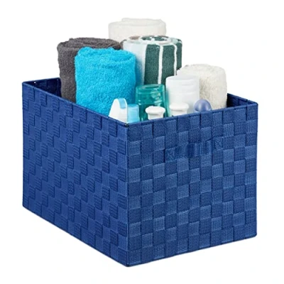 Imagen de Relaxdays Almacenaje de Plástico con Asas, Tejido Tipo Cestería, 26 x 40 30 cm, Cesta Baño, Color Azul, Hierro