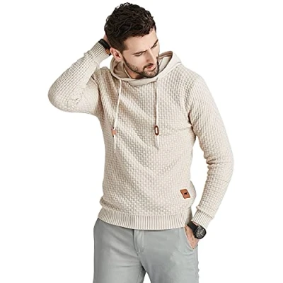 Imagen de Genfien Sudadera con Capucha para Hombre Jersey de Forro Deportiva Cuadros Jacquard Punto Camisa Entrenamiento Hoodie Casual Otoño Invierno