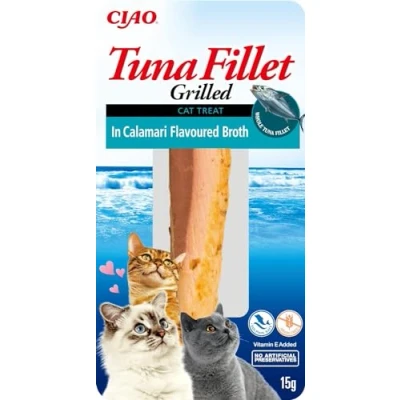 Imagen de INABA Churu Filet Snacks para Gatos la alimentación Manual, golosinas en prácticas porciones, Filete de atún Caldo con Calamar, 15g/1 Pack