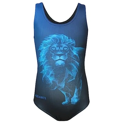 Imagen de Aquarti Bañador Niña con Estampado y Espalda Nadadora, Azul León/Negro, 140