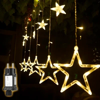 Imagen de SALCAR Cadena de luces LED colores 2 * 1 metros, cortina 12 estrellas para navidad, decoracion fiestas, celebraciones, 8 programas cambio luz (luz cálida)