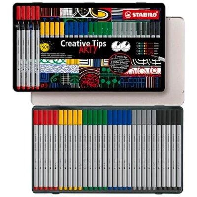Imagen de Set de puntas múltiples STABILO Creative Tips ARTY Estuche metálico con 30 unidades CLASSIS 6 colores diferentes cada una las 5 clases punta