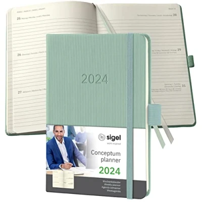 Imagen de SIGEL C2473 Conceptum Agenda semanal 2024, aprox. A6, verde, tapa dura, dos páginas = una semana, 176