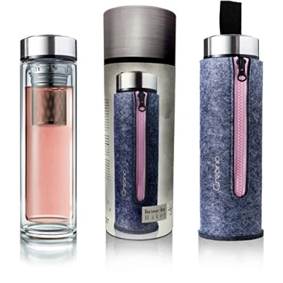 Imagen de Creano Thermo Tetera, exclusiva botella para té, de doble pared con colador acero inoxidable y tapa en una elegante bolsa fieltro, (400 ml) un estuche regalo Rosa
