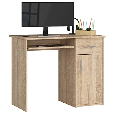 Imagen de AKORD Escritorio para PC con Bandeja Teclado Cajones de Oficina computadora L90 x H74 P50 cm, 29 kg Roble Sonoma