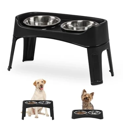 Imagen de Iris Ohyama, cuencos dobles elevados con soporte desmontable para perros movilidad limitada, grandes extraíbles, de borde alto, Dog Feeder PEF L, Negro