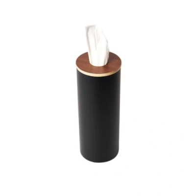 Imagen de Yamazaki 5981 RIN Estuche de pañuelos Redondo L, Negro, Acero/Madera/Silicona, Minimalista, 9.2 x 23.8 cm