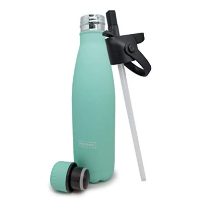 Imagen de NERTHUS 1 Botella Turquesa Pajita + tapón Rosca/Turquoise Bottle 2 lids, Acero Inoxidable