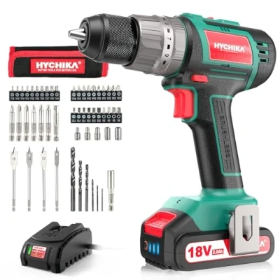Imagen de Taladro Atornillador Brushless 18V, HYCHIKA Percutor, Batería 2.0Ah con 60Nm, 53 Accesorios, 21+3 Ajustes, Cargador Rápido, 2 Velocidad, LED Para Hogar Bricolaje