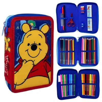 Imagen de CARTOON Estuche de 3 cremalleras completo 44 piezas para la escuela, multicompartimento, bolígrafos, lápices, colores, rotuladores Giotto, Winnie the Pooh, 20 x 13 6 cm, Estuches
