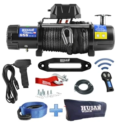 Imagen de Husar Winch Cabrestante eléctrico, 12 V, 6124 kg, cuerda sintética fuerte de 26 m, dirección inalámbrica, freno fricción, caja cambios planetaria, ideal para ATV / UTV, lavanda, 4x4