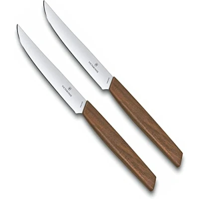 Imagen de Victorinox Swiss Modern, juego de cuchillos profesionales para carne, 2 piezas, hoja extra afilada, afilado recto, 12 cm, mango madera, acero inoxidable, marrón