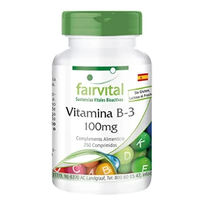 Imagen de Fairvital Vitamina B3 100mg Niacina Flush Free No ruborizante Nicotinamida VEGANA Dosis elevada 250 Comprimidos Calidad Alemana