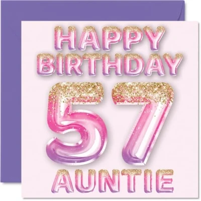 Imagen de Tarjeta de cumpleaños número 57 para tía, globos purpurina rosa y morada, tarjetas feliz tía años sobrino sobrina, felicitación 145 mm x