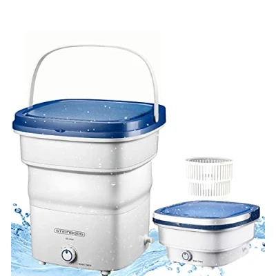 Imagen de Mini lavadora, carga superior, azul, blanco, plegable, automática hasta 1,5 kg, de viaje, móvil para camping. Potencia: 135 W. Lavado: 65 dB. pequeña.