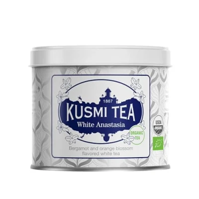 Imagen de Kusmi Tea White Anastasia Té Blanco Orgánico con Bergamota y Limón Disfrutar Caliente o Hielo Lata de 90g Cantidad para aprox. 50 tazas