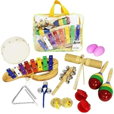 Imagen de A Star Juego de regalo percusión instrumentos musicales 13 piezas con bolsa transporte almacenamiento, incluye xilófono y agitadores, Mini banda divertida para principiantes