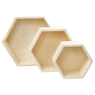 Imagen de Cajas para almacenaje, hexagonal, A. 14,8+19+24,2 cm, profundidad 10 madera contrachapada, 3ud