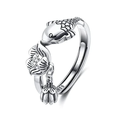 Imagen de Anillos Plata de Ley 925 Mujer, Mujer Plata, Anillo Pez Loto Ajustable, la Suerte, Regalo para Niñas (con caja regalo)