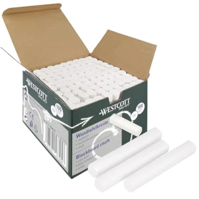 Imagen de Westcott 100 tizas blancas Paquete económico de tiza pizarra 1,2 cm en blanco opaco Bajo polvo y fácil limpiar Barras 8,5 largo E 744986 00