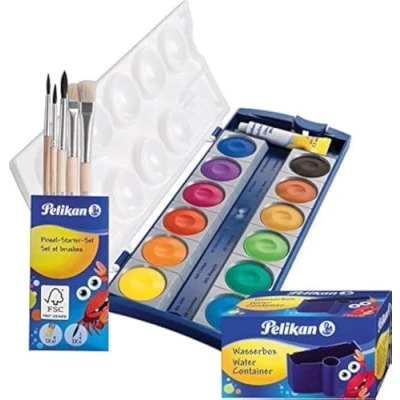 Imagen de Pelikan Deckfarbkasten DIN 5023 K12 Caja de Pintura (12 1 Tubo Blanco Opaco, estándar Escolar (con Vaso y Pincel), Color Azul, 8 teliges (K12 Set)