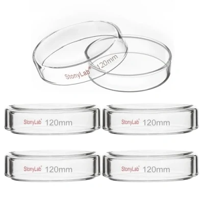 Imagen de stonylab Placa de Petri Vidrio con Tapa, Paquete 5 Platos Cultivo Celular Borosilicato Esterilizable en Autoclave Transparente para Laboratorio, 120x25 mm