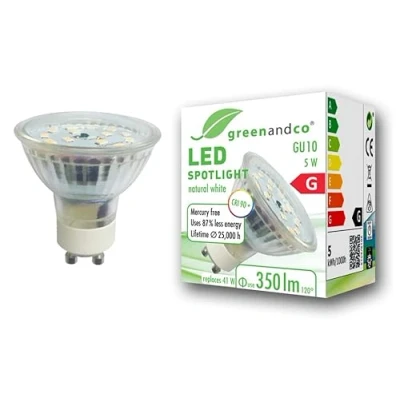 Imagen de greenandco Spot LED IRC90+ GU10 4000K 110 5W (corresponde a 41W) 350lm SMD 230V AC, sin parpadeo, no regulable