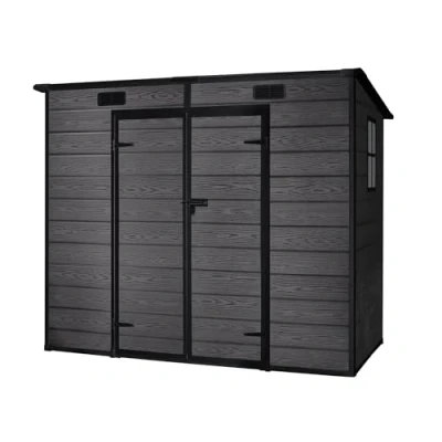 Imagen de Wasabi Caseta de Resina Jardín Unit 2,93m2 Suelo Incluido Ventana Lateral Doble Puerta abatible Acabado Madera en Color Negro Paneles 12mm Espesor Cobertizo PVC Almacenaje Exterior