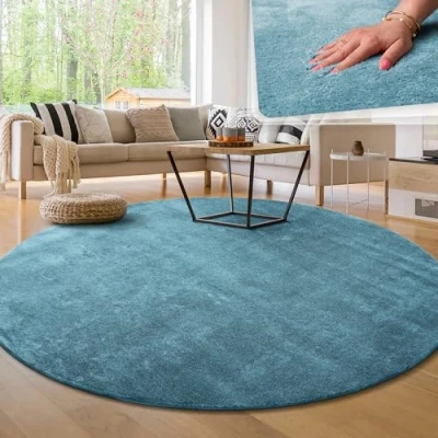 Imagen de Paco Home Alfombra Moderna y Suave para Salón a Pelo Corto Lavable Fluffy Uni Efecto Piel Intemporal Elegante Antideslizante Fácil de Limpiar, tamaño:80 cm Redon, Color:Turquesa