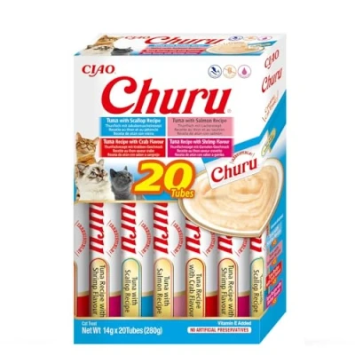 Imagen de INABA Churu Premios Puré para Gatos 4 Sabores Mariscos y Atún Deliciosos Snacks Felinos Textura Blanda Cremosa Adiestramiento 20 Tubos x 14g