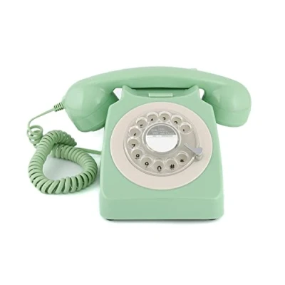 Imagen de GPO 746 Teléfono fijo de disco con estilo retro los años 70 Cable en espiral, Timbre auténtico Verde menta