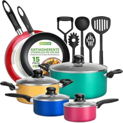 Imagen de NutriChef bateria de cocina, 15 piezas, Coloridas, Tapas Antiadherentes, Libres PTFE/PFOA/PFOS, Resistentes.