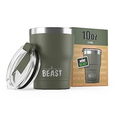 Imagen de Greens Steel BEAST Termo Café para Llevar 300ml I Verde Militar Taza Térmica de Acero Inoxidable Reusable Viajera Doble Pared al Vacío 2 Pajitas y Cepillo Limpieza
