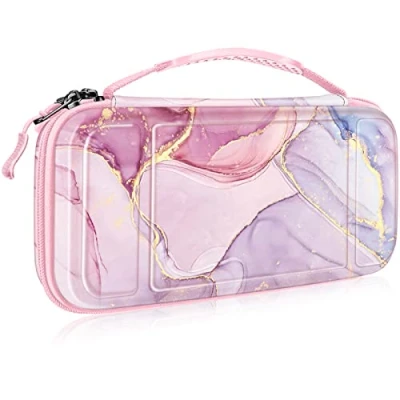 Imagen de Fintie Funda Portátil Compatible con Nintendo Switch/Switch OLED (2021) [Antichoque] Estuche Dura para Viaje 10 Ranuras y Bolsillo Interno Joy con, Mármol Rosa Dorado