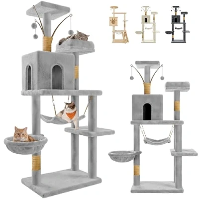 Imagen de JUPPLIES Rascador para Gatos 143cm Arbol Estable de Varios Niveles Actividades con 5 Plataformas, 3 nidos y 1 Casa Torre (Gris)