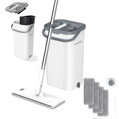 Imagen de FurnitureXtra Juego de fregona y Cubo, Plana Microfibra para Mojado seco con Mango Acero Inoxidable, Cubo Doble cámara Apto Todo Tipo Suelos