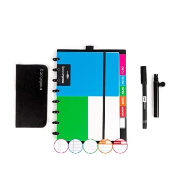 Imagen de Modubooq organizer, block Cuaderno inteligente modular reutilizable A5 con pestañas y sistema Discbound 40 páginas modulares tecnología duratech3 Lavable escribe como el papel