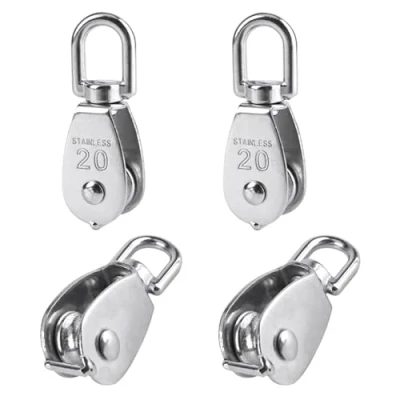 Imagen de BuxiuGK 4 Piezas 20 mm Bloque de Polea Simple Acero Inoxidable Single Sheaved Cuerda Bloquear Tracción Rueda Juego 75Kg Plata
