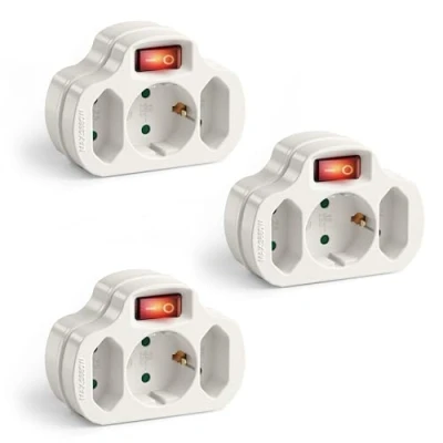 Imagen de Enchufe múltiple con Interruptor de Encendido/Apagado, 1 Schuko 16A / 250V AC, 2 enchufes Euro 2,5A 3680 vatios, Blanco, Juego 3