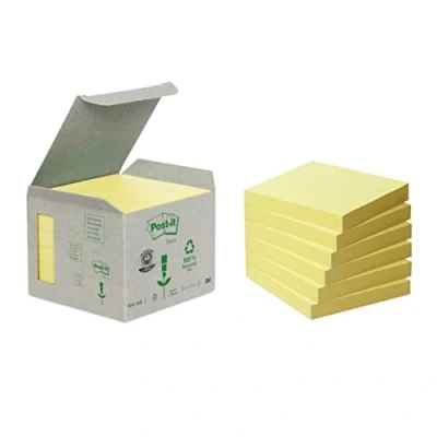Imagen de Post It Notas Recicladas Canary Yellow, Paquete de 6 Blocs Notas, 100 Hojas por Bloc, 76x76 mm, Color Amarillo, Adhesivas Hechas Papel 100% Reciclado