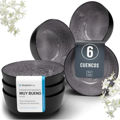 Imagen de Juego de 6 Cuencos para Muesli Ibiza en Gres Vajilla Completa Moderna Personas con Platos Pequeños Aptos Lavavajillas y Microondas Pure Living gris oscuro