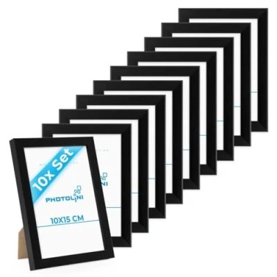 Imagen de PHOTOLINI marcos 10x15 cm negro madera MDF, set de 10 para pósteres, cristal acrílico, colgar y poner pie, incluye accesorios fotos, láminas pósteres