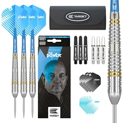 Imagen de Target Darts Phil Taylor Juego de Dardos Punta Acero 22 g, Paquete Regalo Accesorios, Unisex, Negro, Blanco y Azul