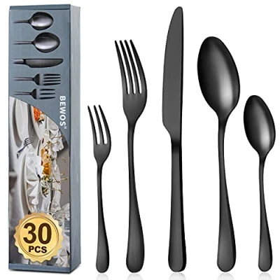 Imagen de BEWOS juego de cubiertos para 6 personas, negro mate 30 piezas que incluye cuchillo, tenedor, cuchara, acero inoxidable, apto lavavajillas