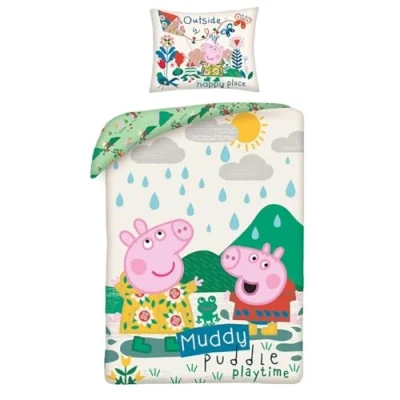Imagen de Juego de Cama Peppa y George Jugando en el Charco Original Funda nórdica Reversible 140x200cm + Almohada 70x90cm 100% Algodón Multicolor con Bolsa
